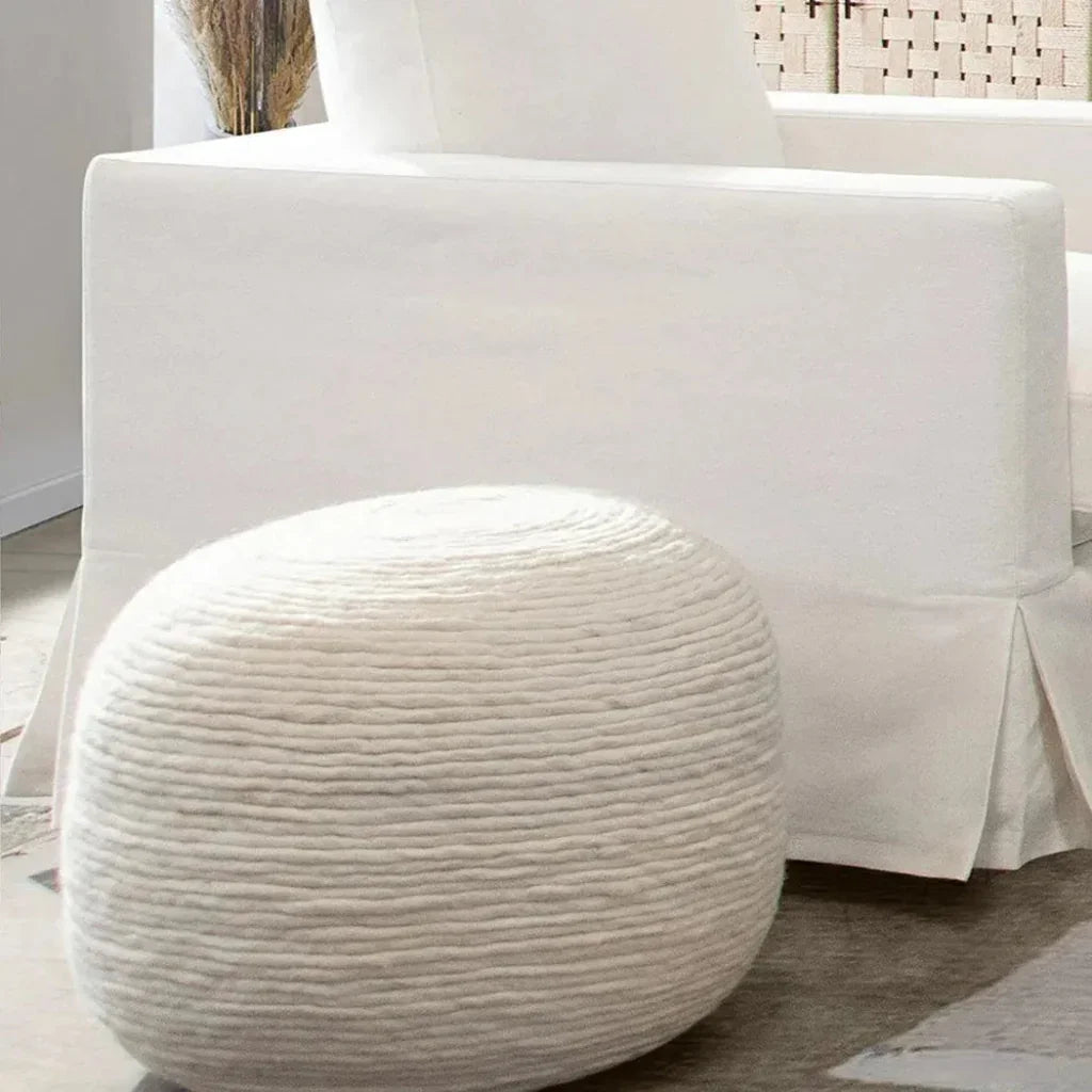 Round Pouf in White Dyed Natural Wool - LOOMLAN - Diamond Sofa - Poufs and Stools