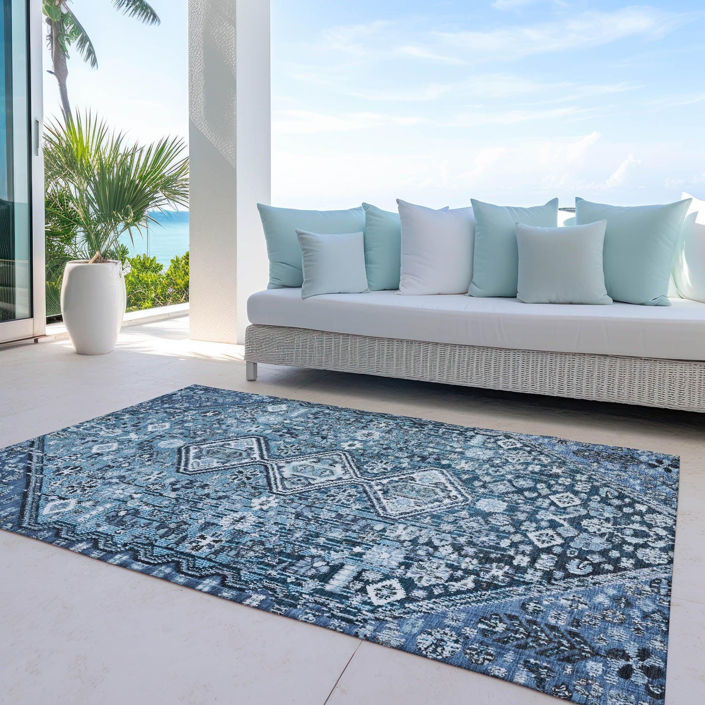 Saelain Blue Washable Indoor-Outdoor Rug