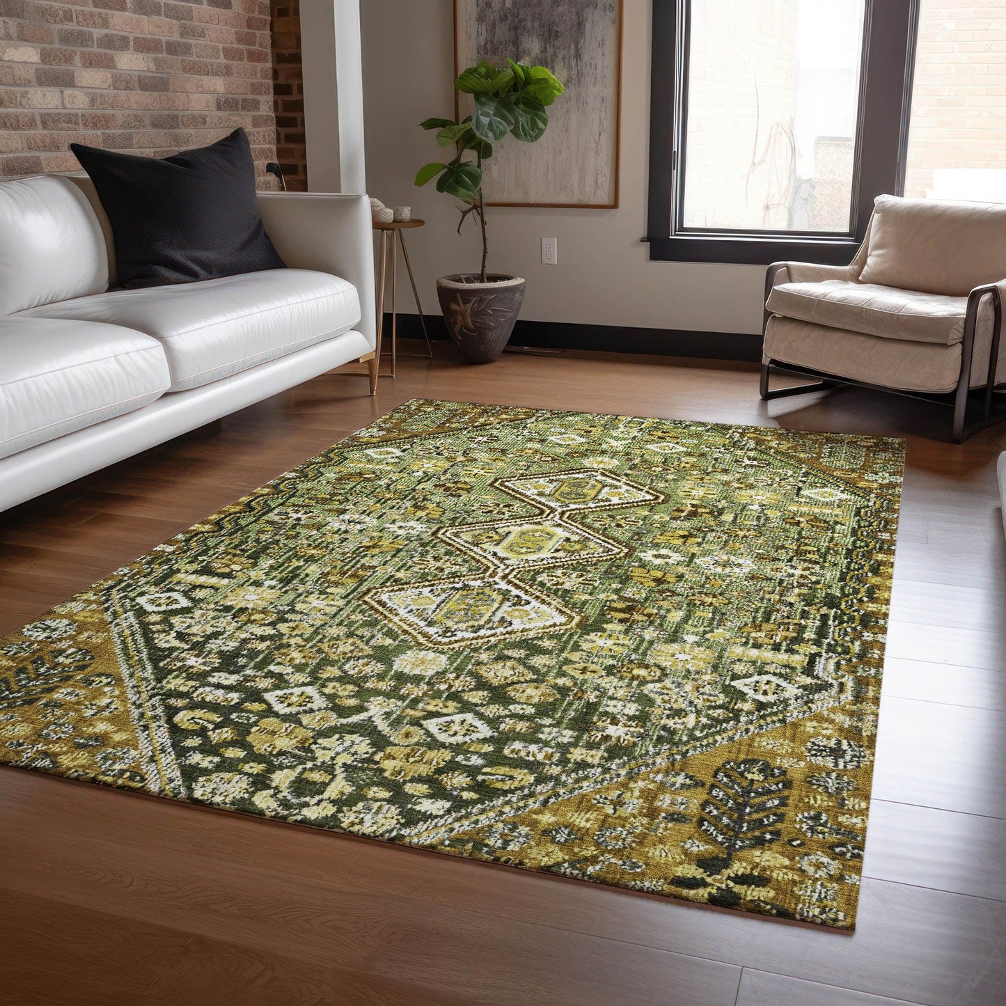 Saelain Olive Washable Indoor-Outdoor Rug