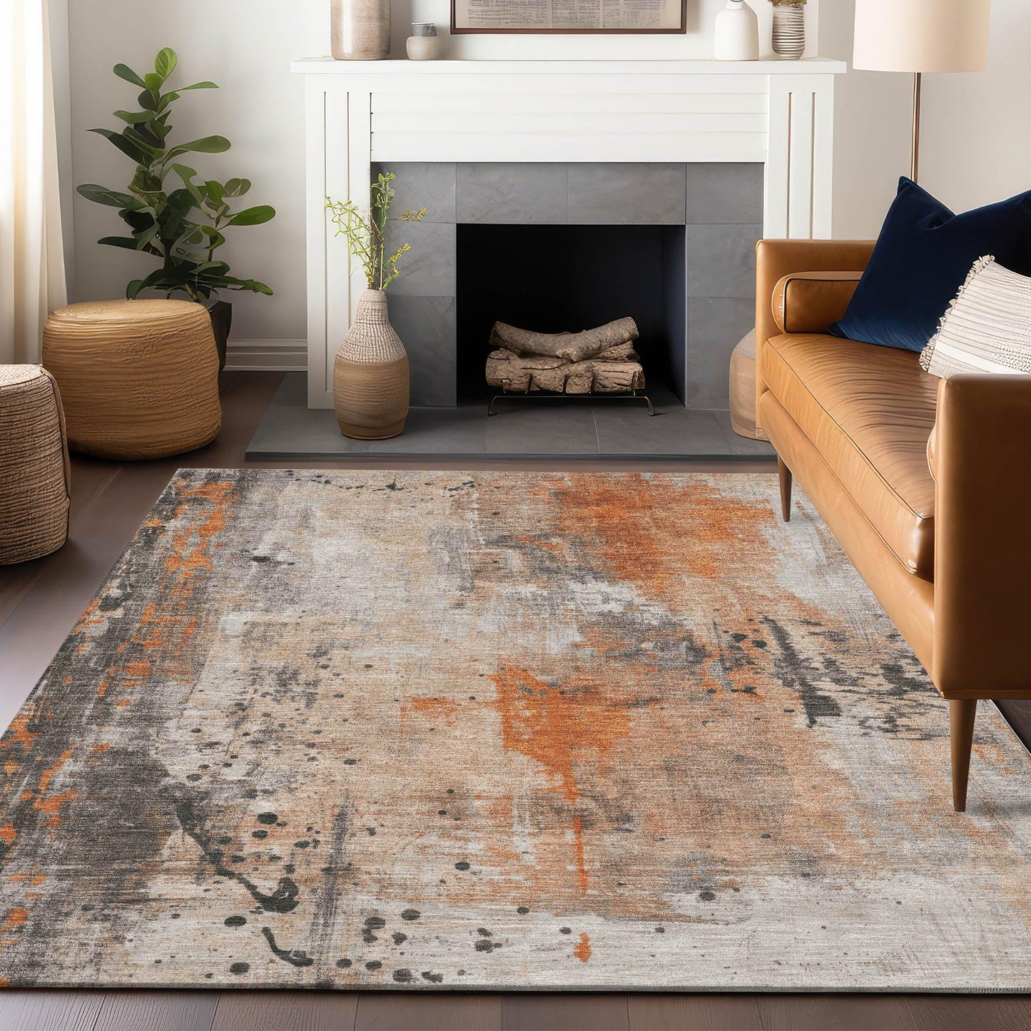 Saelion Orange Washable Indoor-Outdoor Rug