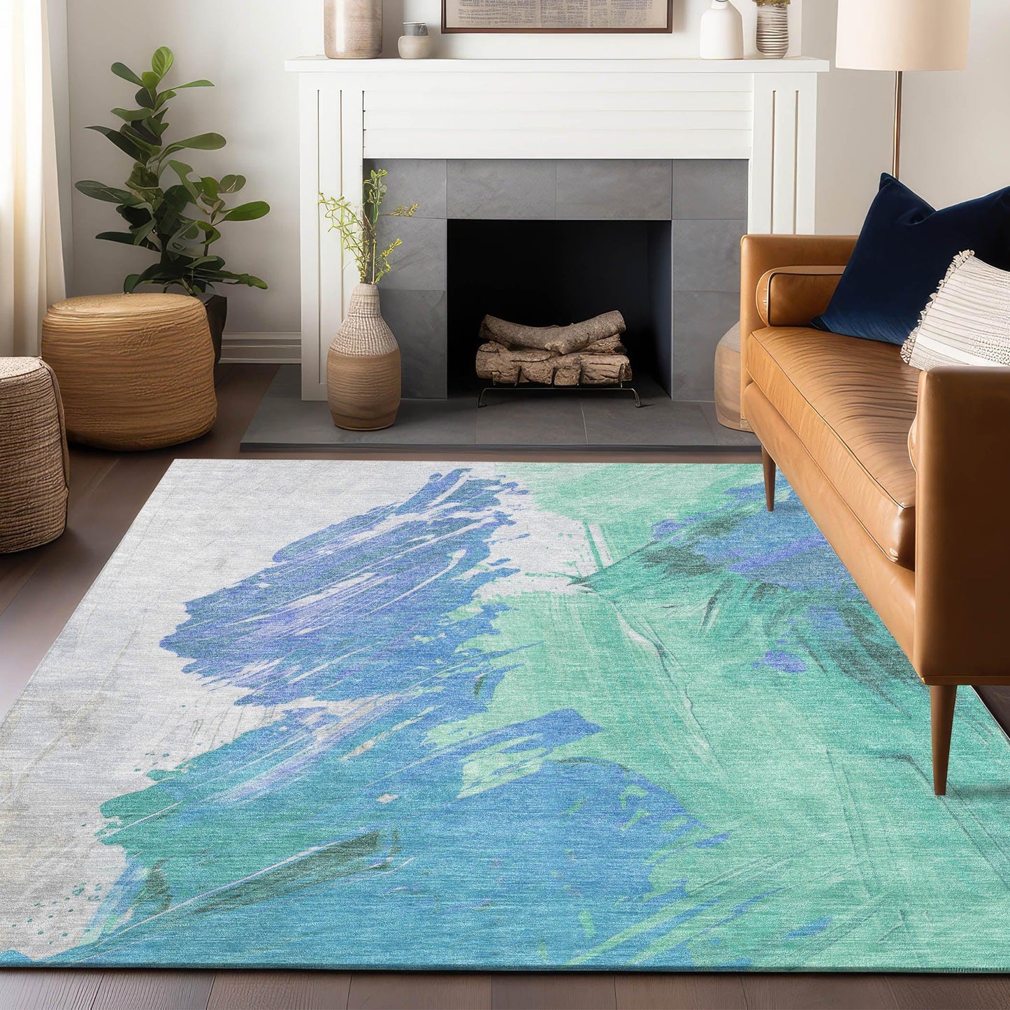 Saelon Blue Washable Indoor-Outdoor Rug