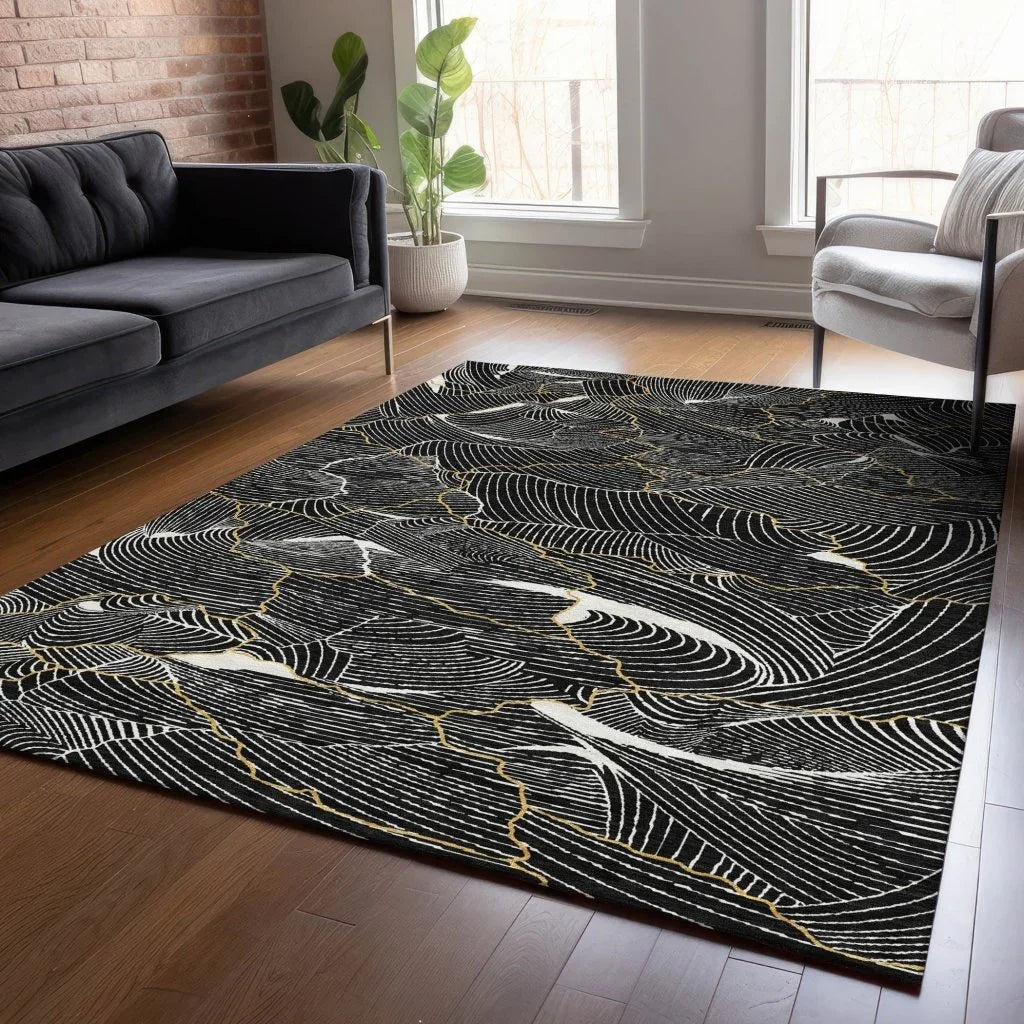 Sahari Black Washable Indoor-Outdoor Rug-Outdoor Rugs-LOOMLAN Rugs-LOOMLAN