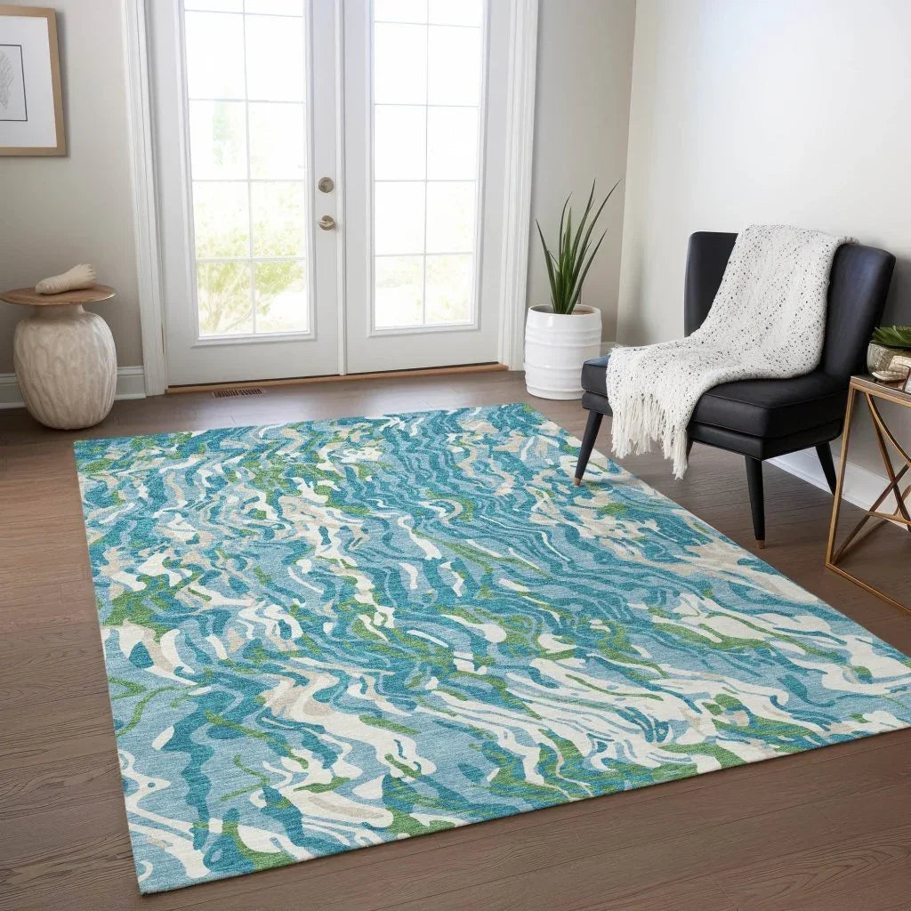 Saphara Teal Washable Indoor-Outdoor Rug-Outdoor Rugs-LOOMLAN Rugs-LOOMLAN