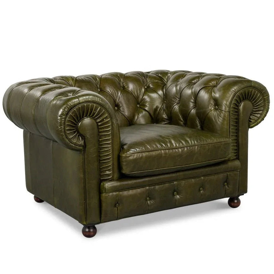 Savile Green Leather Chair - LOOMLAN - Sarreid - Club Chairs