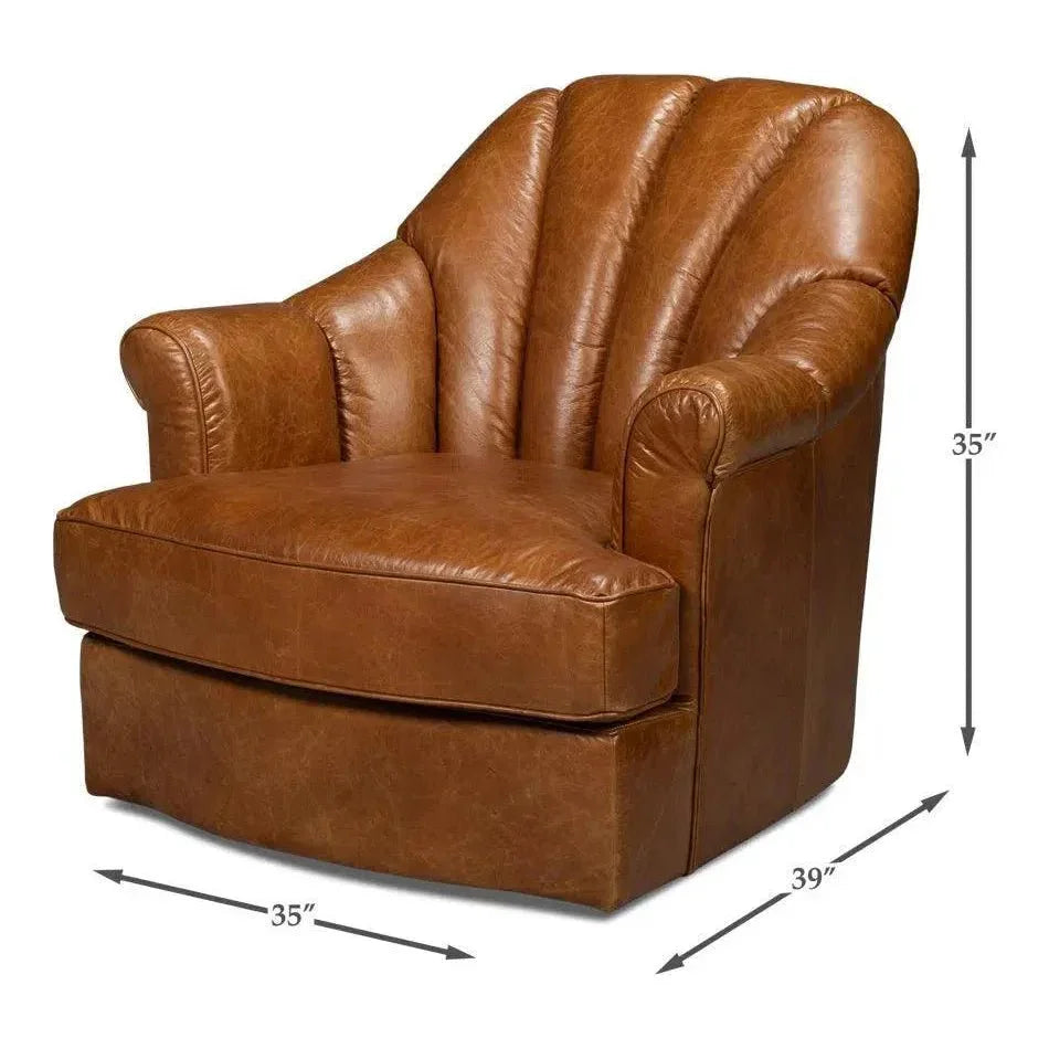 Scoth Wood & Leather Brown Swivel Arm Chair - LOOMLAN - Sarreid - Club Chairs
