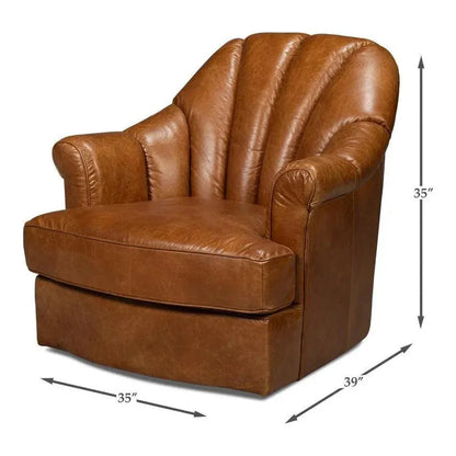 Scoth Wood & Leather Brown Swivel Arm Chair - LOOMLAN - Sarreid - Club Chairs