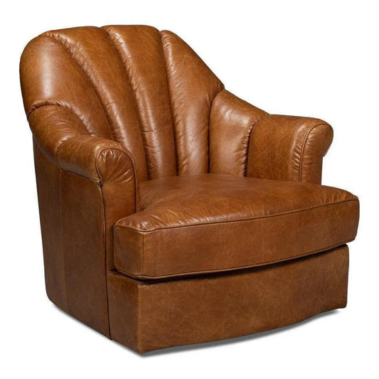 Scoth Wood & Leather Brown Swivel Arm Chair - LOOMLAN - Sarreid - Club Chairs