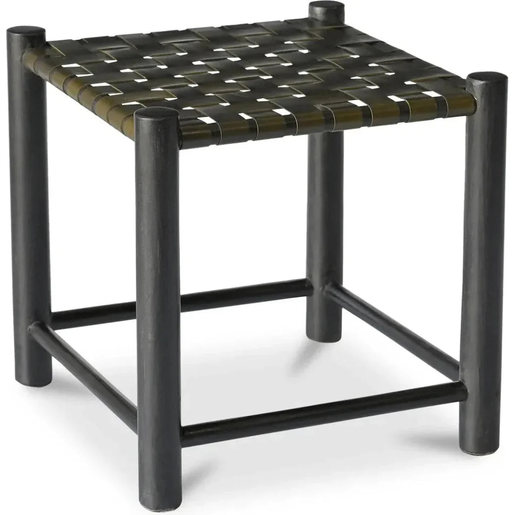 Selby Solid Wood & Buffalo Leather Black Stool - LOOMLAN - Poufs and Stools