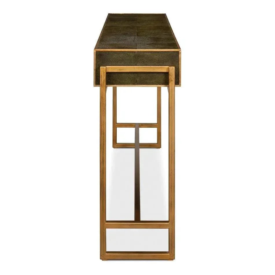 Shagreen Console Table Drawers Leaf Green Leather - LOOMLAN - Sarreid - Console Tables