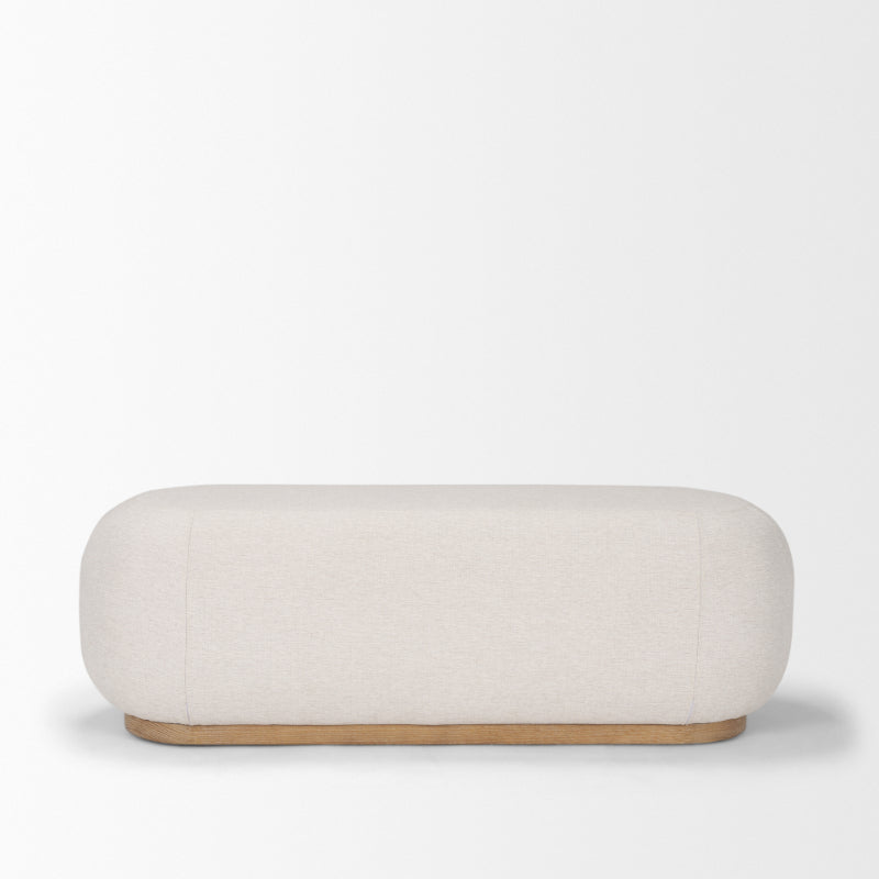 White ottoman with wooden base on a light gray background
