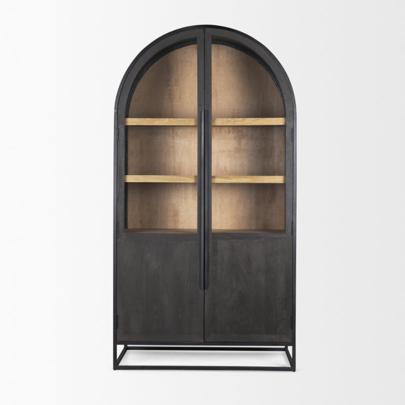 Decorative cabinet with arched glass doors on a white background