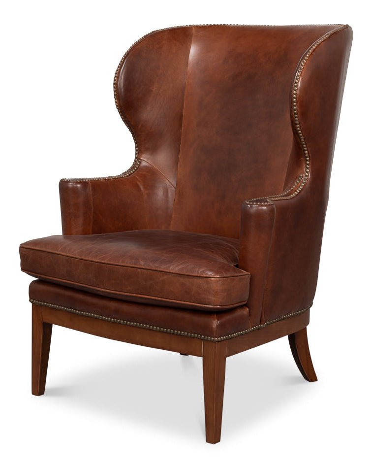 Smithfield Wing Leather Brown Chair - LOOMLAN - Sarreid - Club Chairs