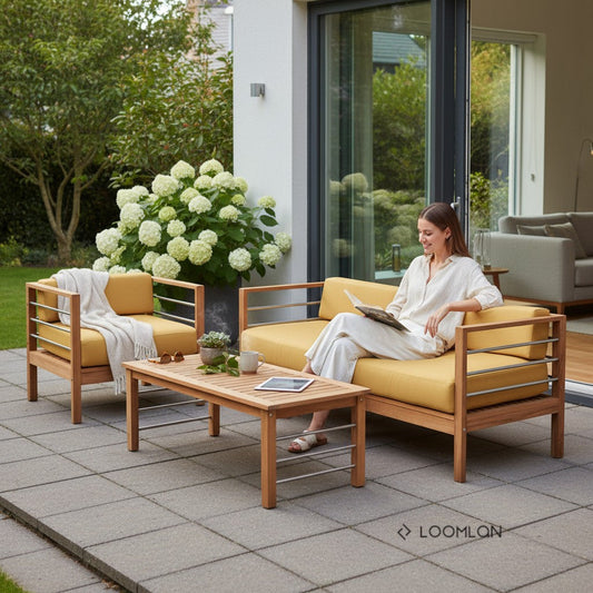 SoHo Teak Patio Deep Sofa Set with Sunbrella 4PC