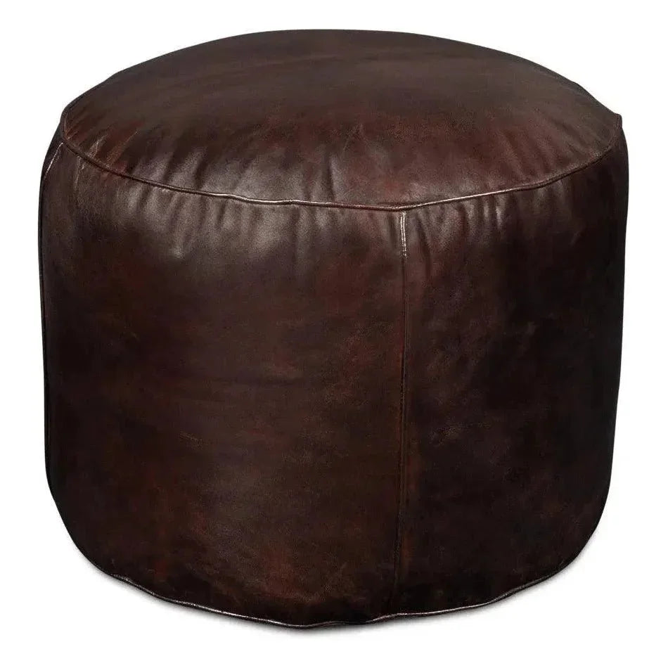 Soccerball Leather Dark Brown Stool - LOOMLAN - Sarreid - Poufs and Stools