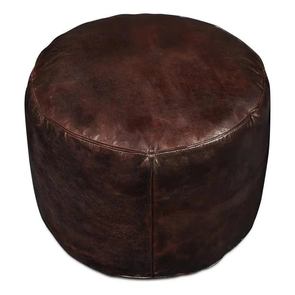 Soccerball Leather Dark Brown Stool - LOOMLAN - Sarreid - Poufs and Stools
