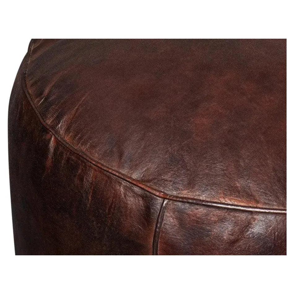 Soccerball Leather Dark Brown Stool - LOOMLAN - Sarreid - Poufs and Stools