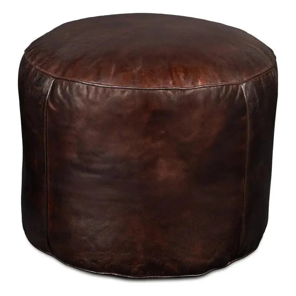 Soccerball Leather Dark Brown Stool - LOOMLAN - Sarreid - Poufs and Stools