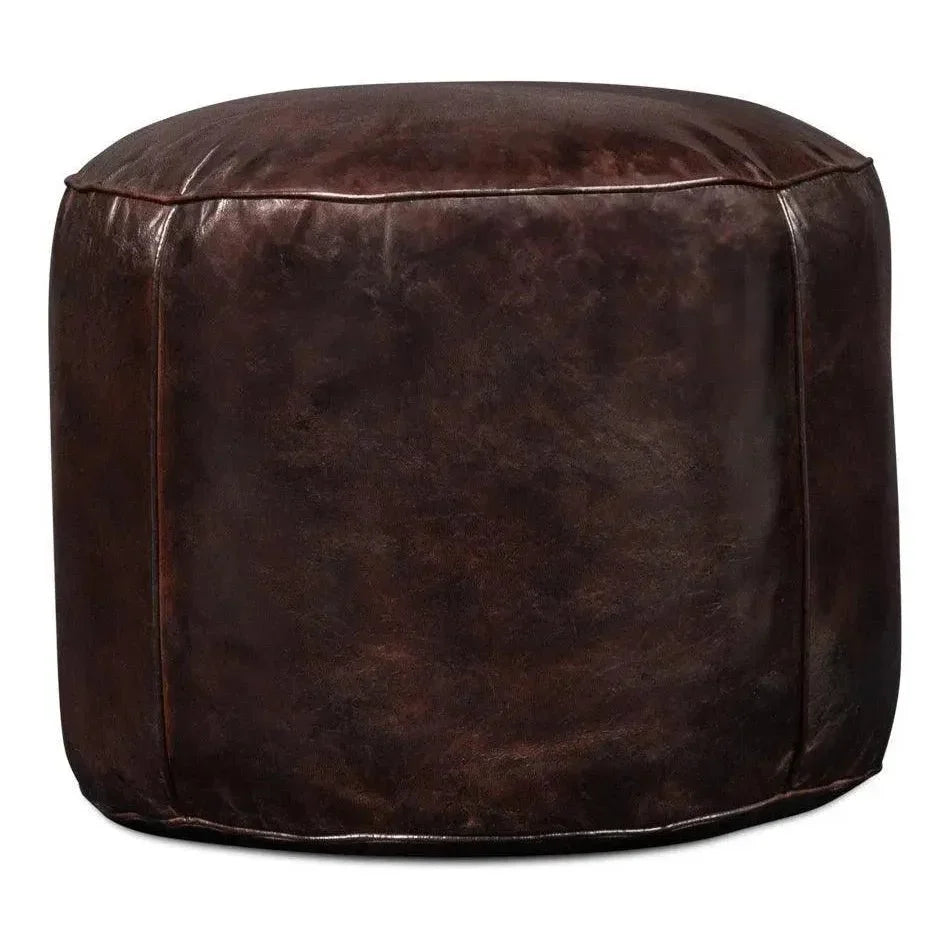 Soccerball Leather Dark Brown Stool - LOOMLAN - Sarreid - Poufs and Stools