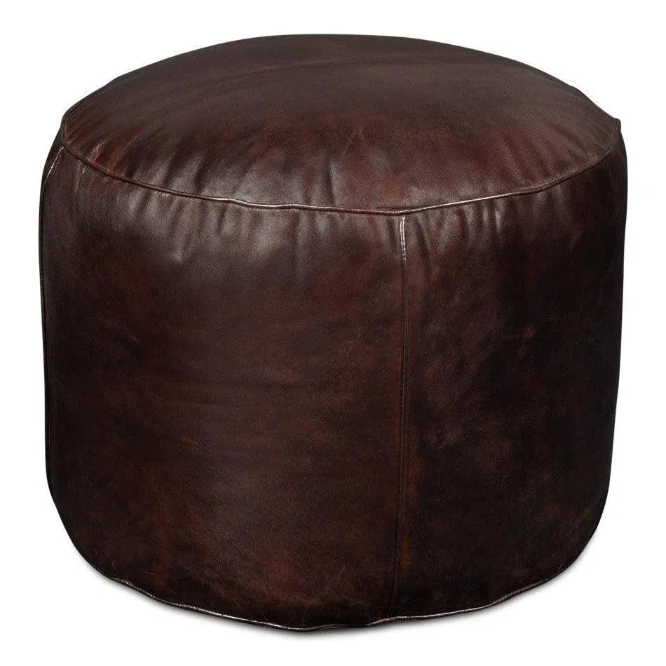 Soccerball Leather Dark Brown Stool - LOOMLAN - Sarreid - Poufs and Stools