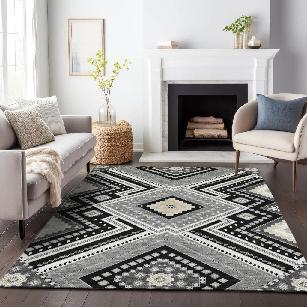 Solene Black Washable Indoor-Outdoor Rug-Outdoor Rugs-LOOMLAN Rugs-LOOMLAN