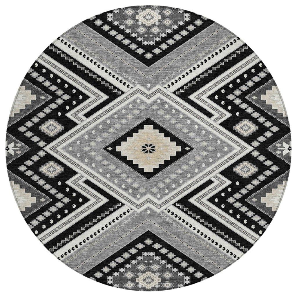 Solene Black Washable Indoor-Outdoor Rug-Outdoor Rugs-LOOMLAN Rugs-8' x 8'-LOOMLAN