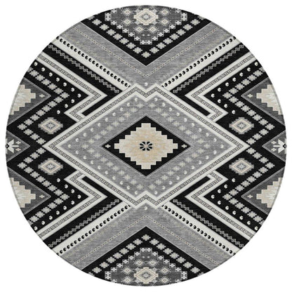 Solene Black Washable Indoor-Outdoor Rug-Outdoor Rugs-LOOMLAN Rugs-8' x 8'-LOOMLAN