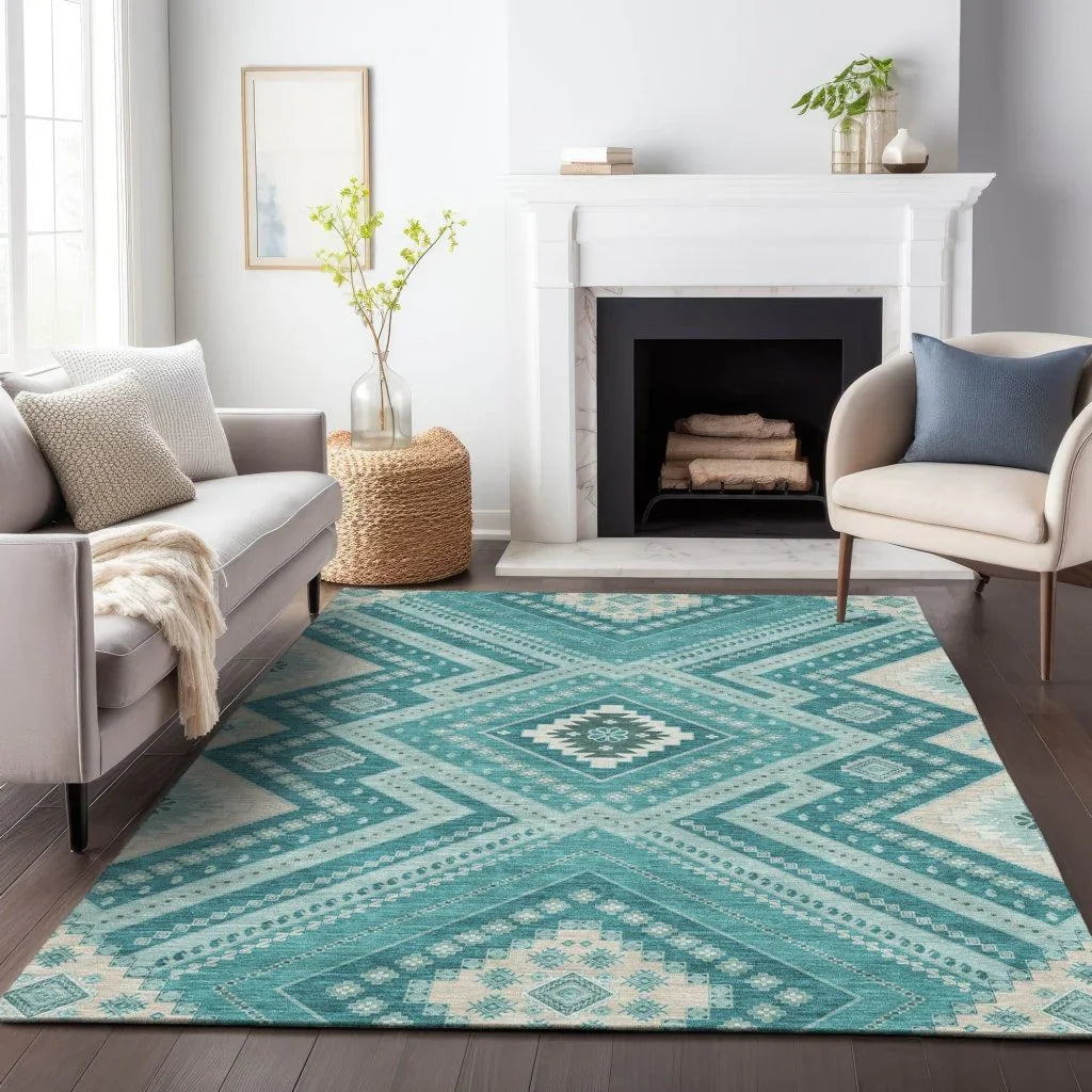 Solene Teal Washable Indoor-Outdoor Rug-Outdoor Rugs-LOOMLAN Rugs-LOOMLAN