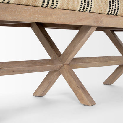 Wooden chair with a patterned cushion on a white background