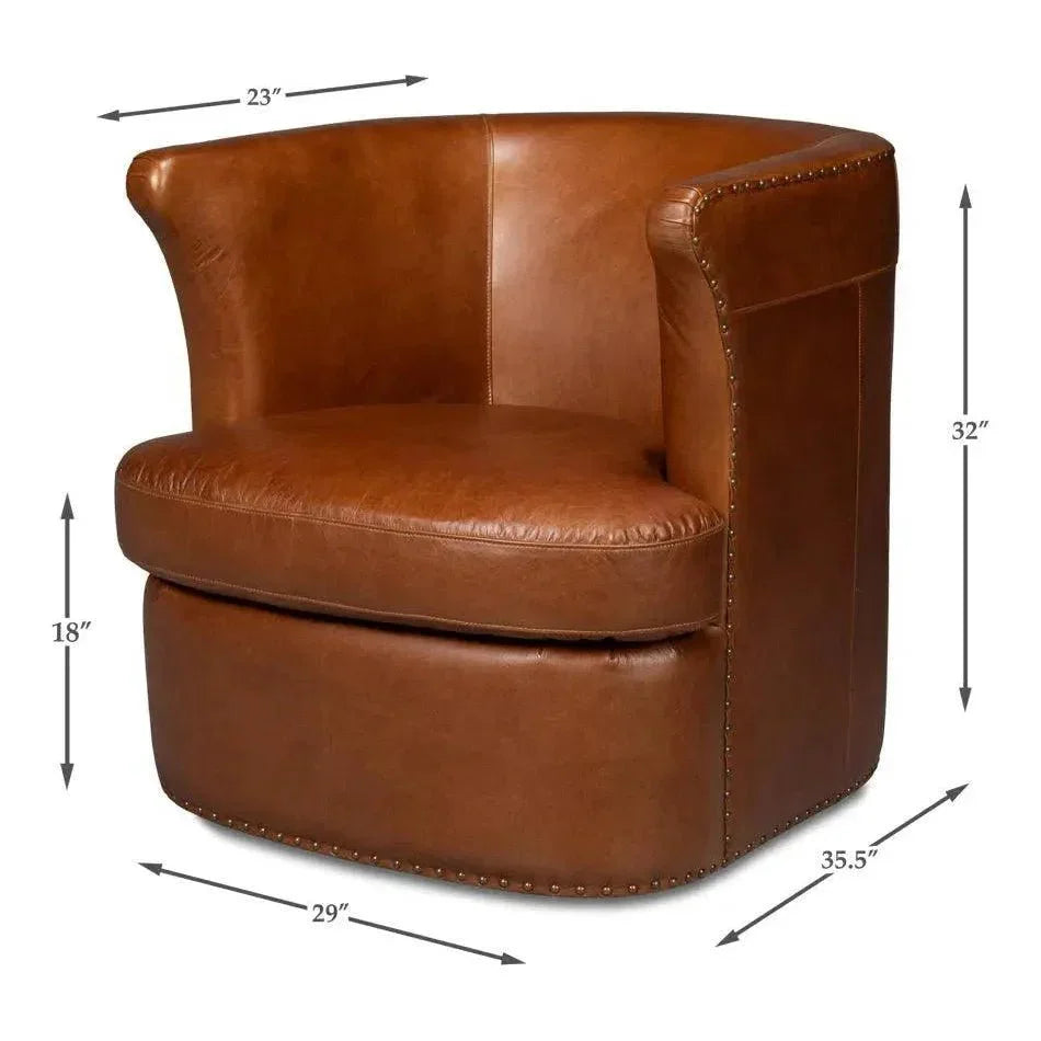 Spencer Distilled Leather Brown Swivel Chair - LOOMLAN - Sarreid - Club Chairs