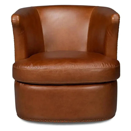 Spencer Distilled Leather Brown Swivel Chair - LOOMLAN - Sarreid - Club Chairs