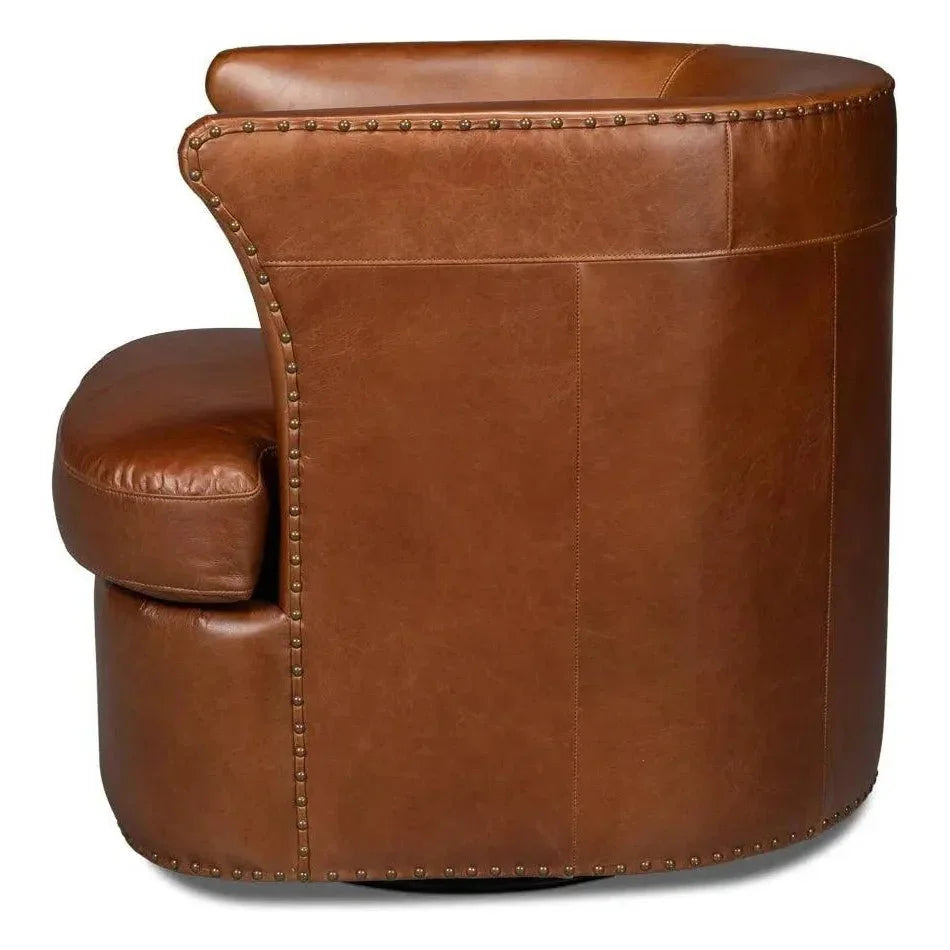 Spencer Distilled Leather Brown Swivel Chair - LOOMLAN - Sarreid - Club Chairs