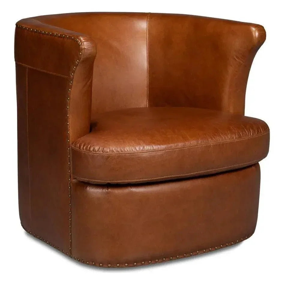 Spencer Distilled Leather Brown Swivel Chair - LOOMLAN - Sarreid - Club Chairs