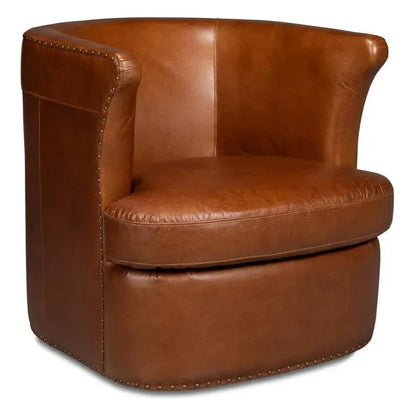 Spencer Distilled Leather Brown Swivel Chair - LOOMLAN - Sarreid - Club Chairs