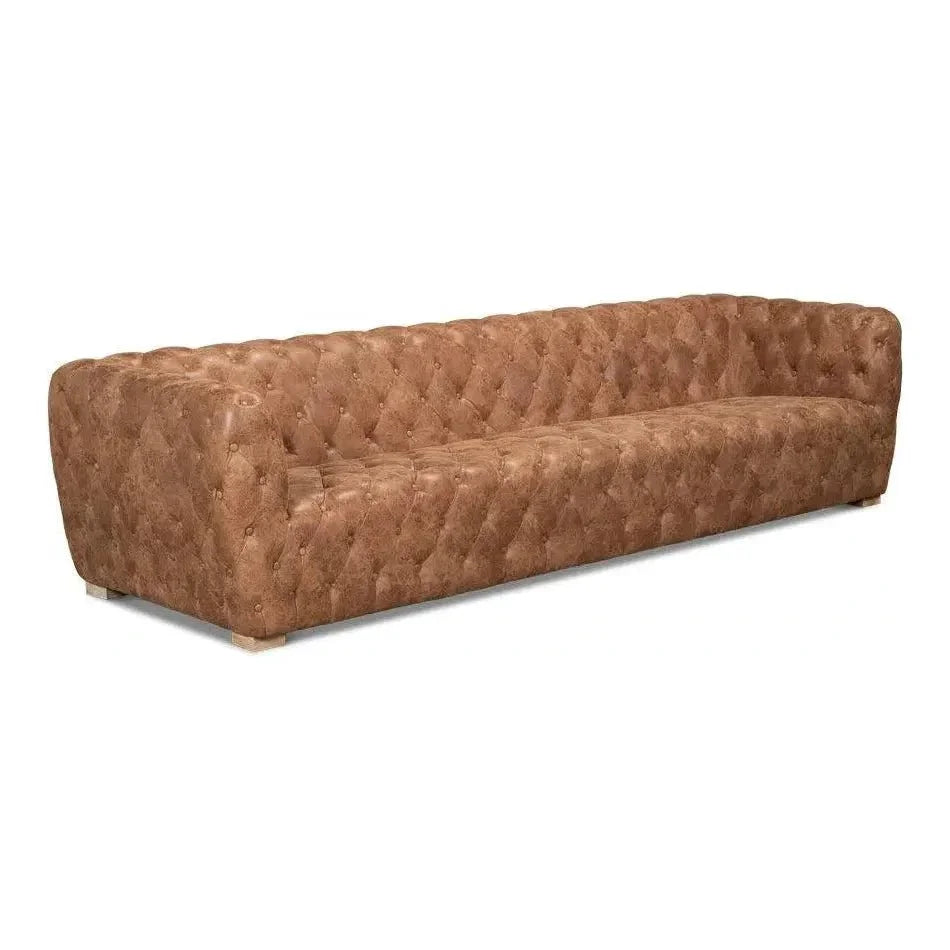 112" Long Tufted Leather Stanley Sofa Tan - LOOMLAN - Sarreid - Sofas & Loveseats