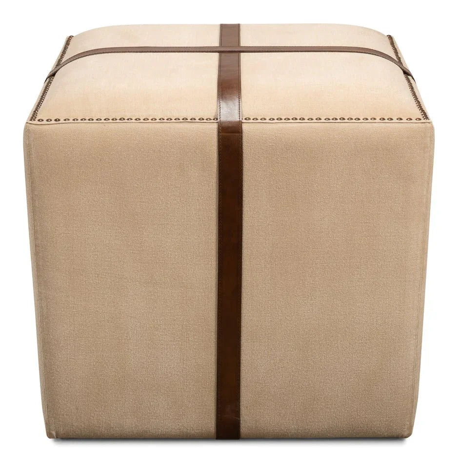 Strap Canvas and Leather Beige Stool - LOOMLAN - Sarreid - Poufs and Stools