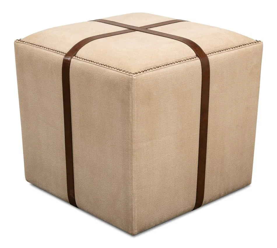Strap Canvas and Leather Beige Stool - LOOMLAN - Sarreid - Poufs and Stools