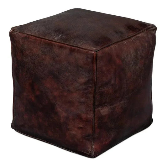 Sunday Afternoon Leather Dark Brown Cube - LOOMLAN - Sarreid - Poufs and Stools