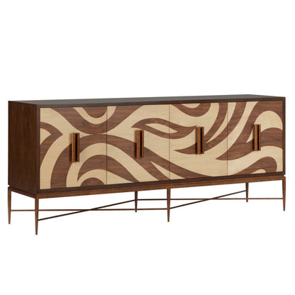 Swirl Pattern Four Doors Wood Credenza