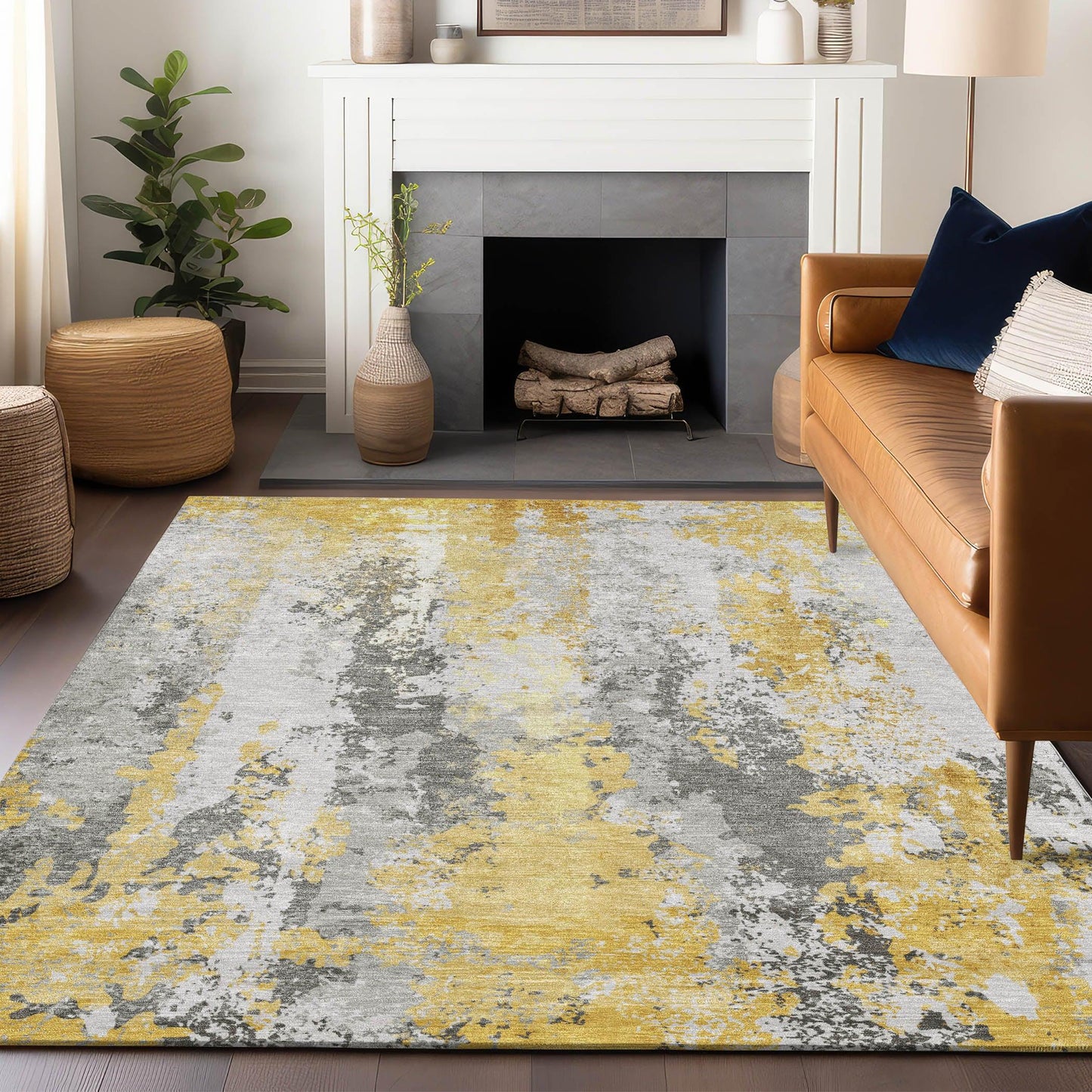 Taelara Gold Washable Indoor-Outdoor Rug