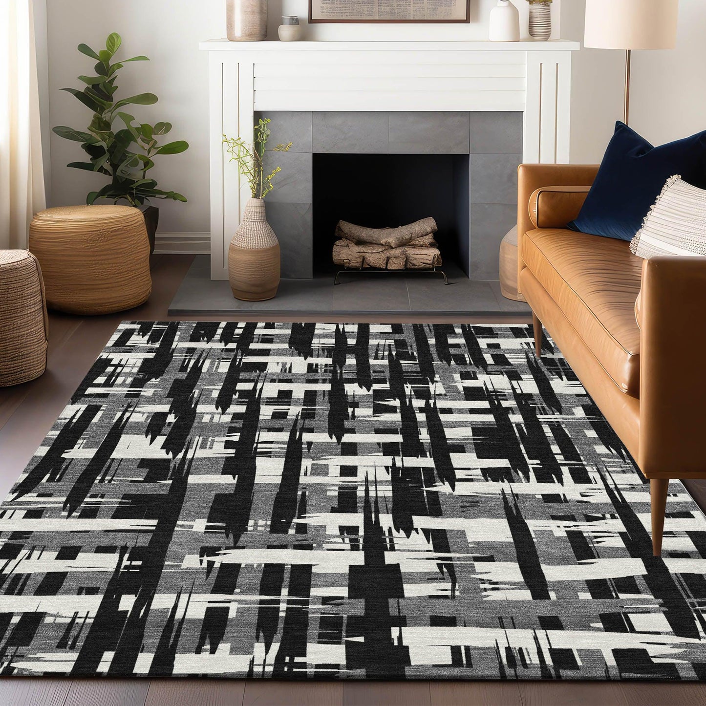 Taelaris Black Washable Indoor-Outdoor Rug