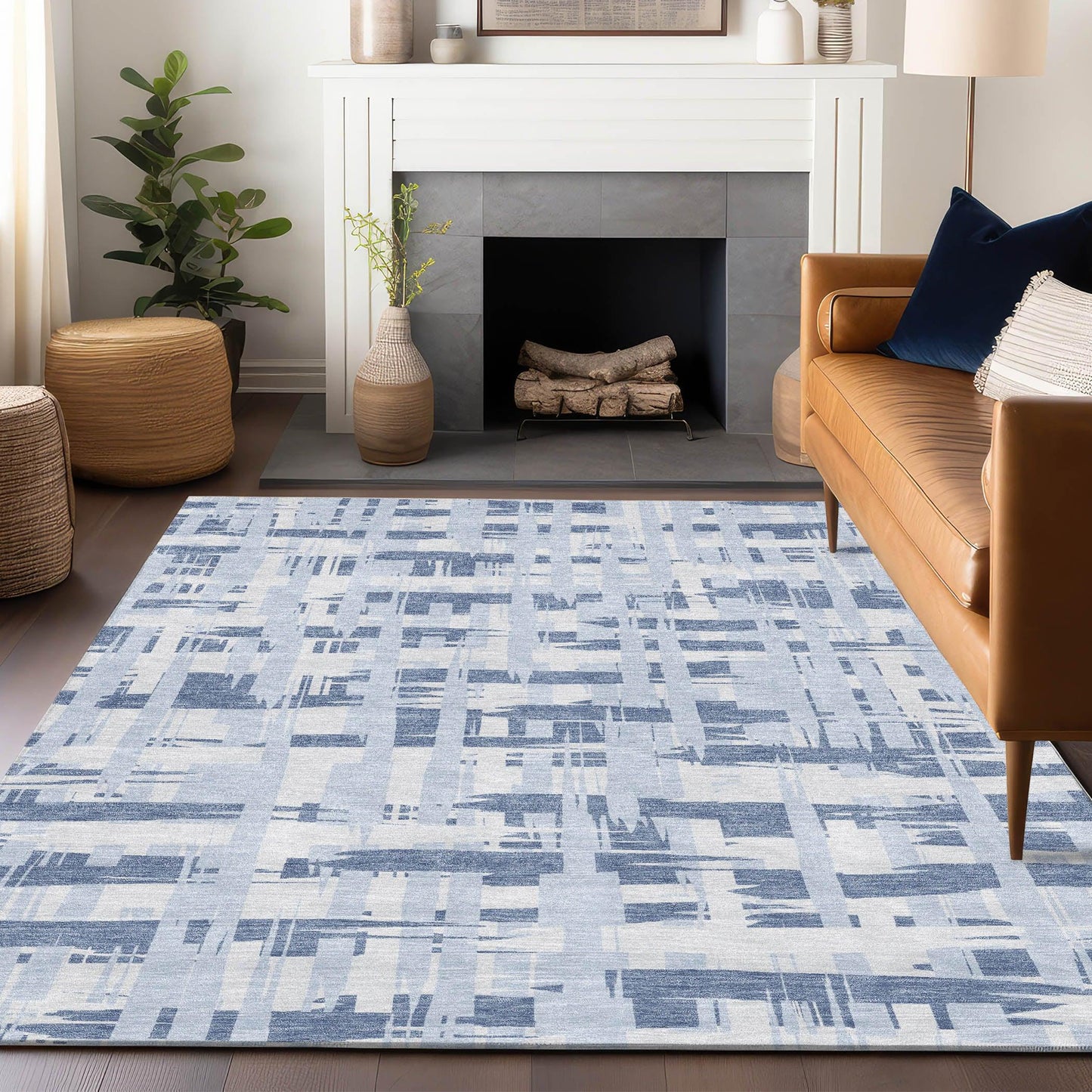 Taelaris Blue Washable Indoor-Outdoor Rug