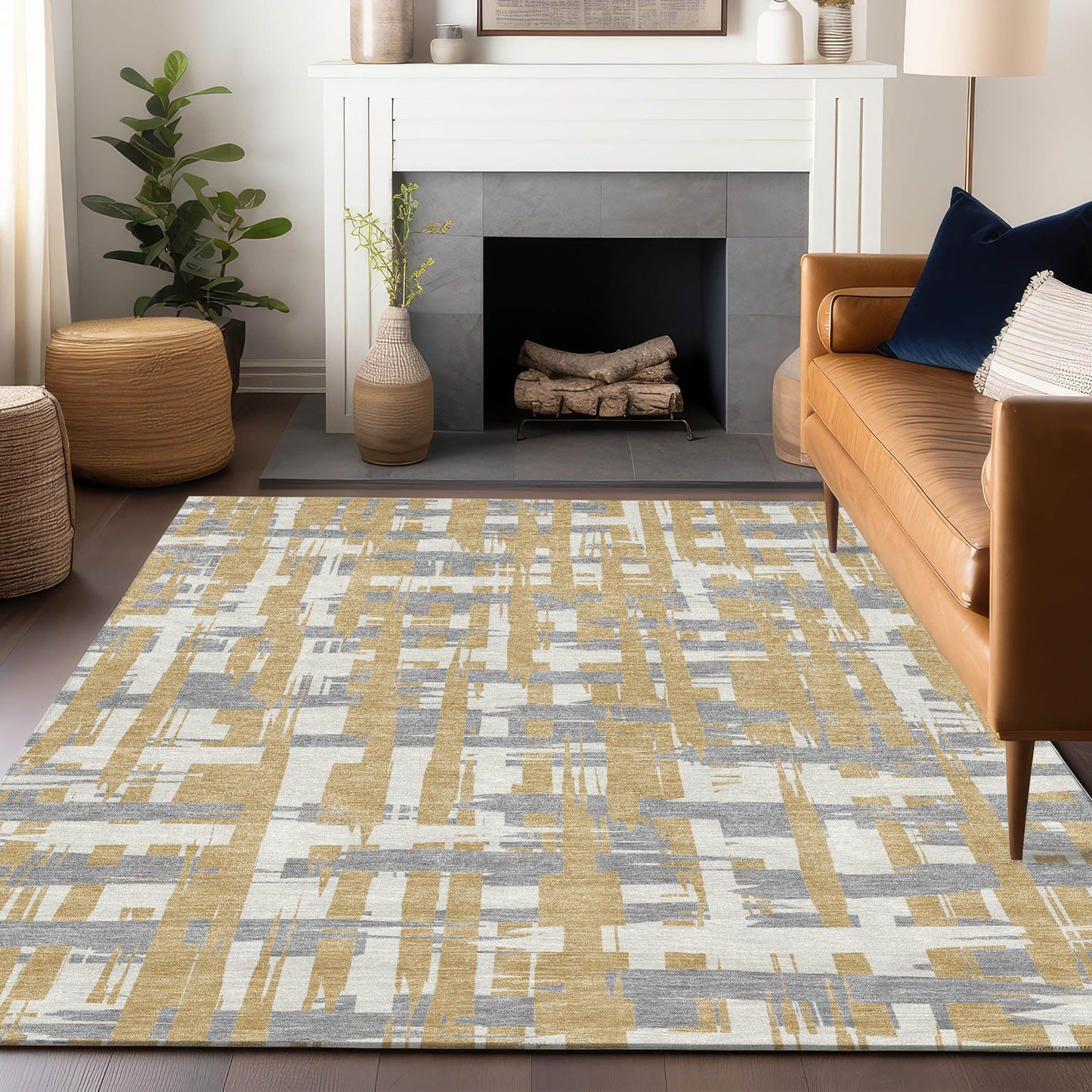 Taelaris Gold Washable Indoor-Outdoor Rug