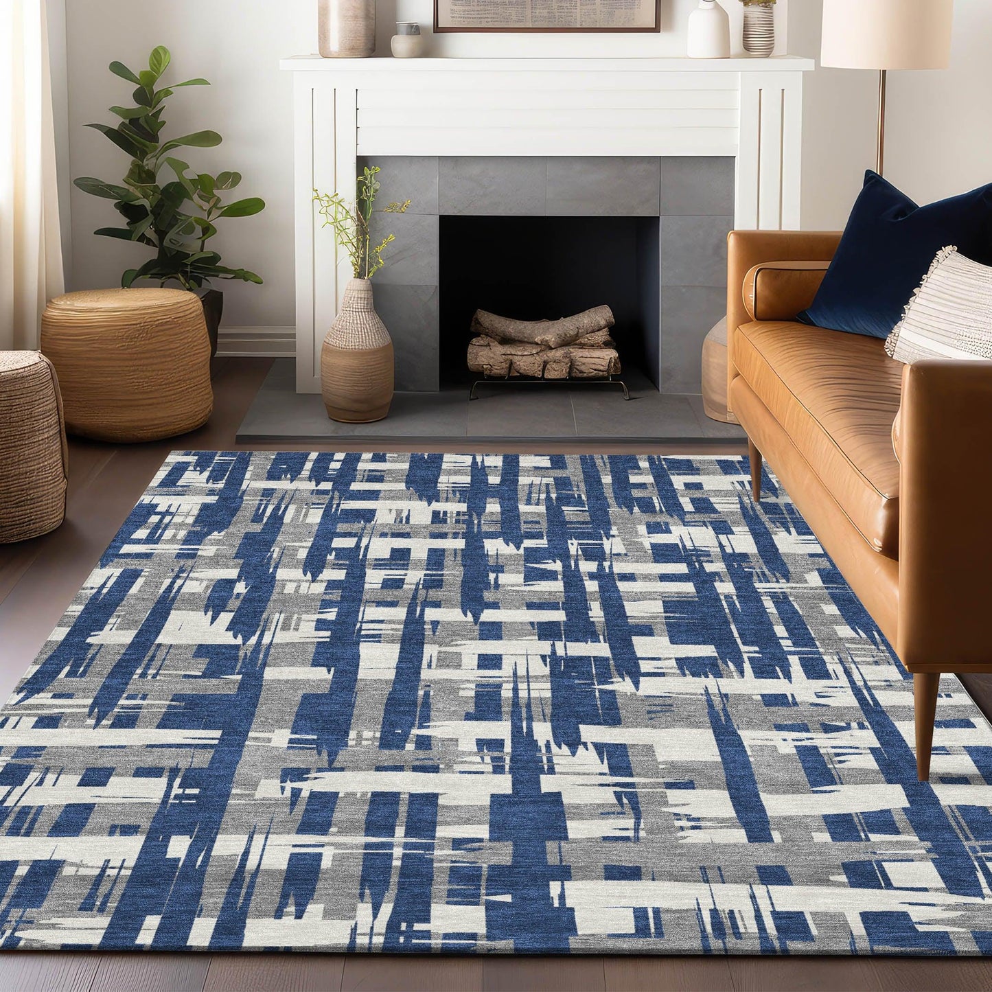Taelaris Navy Washable Indoor-Outdoor Rug