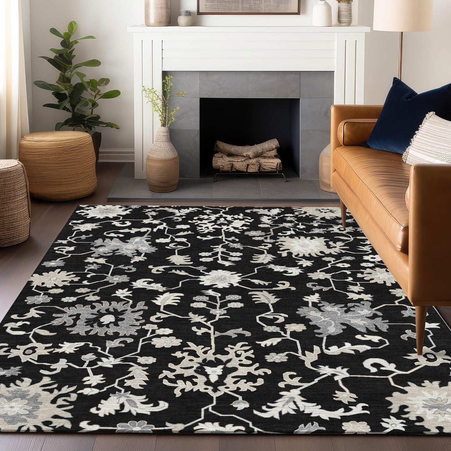 Taelius Black Washable Indoor-Outdoor Rug