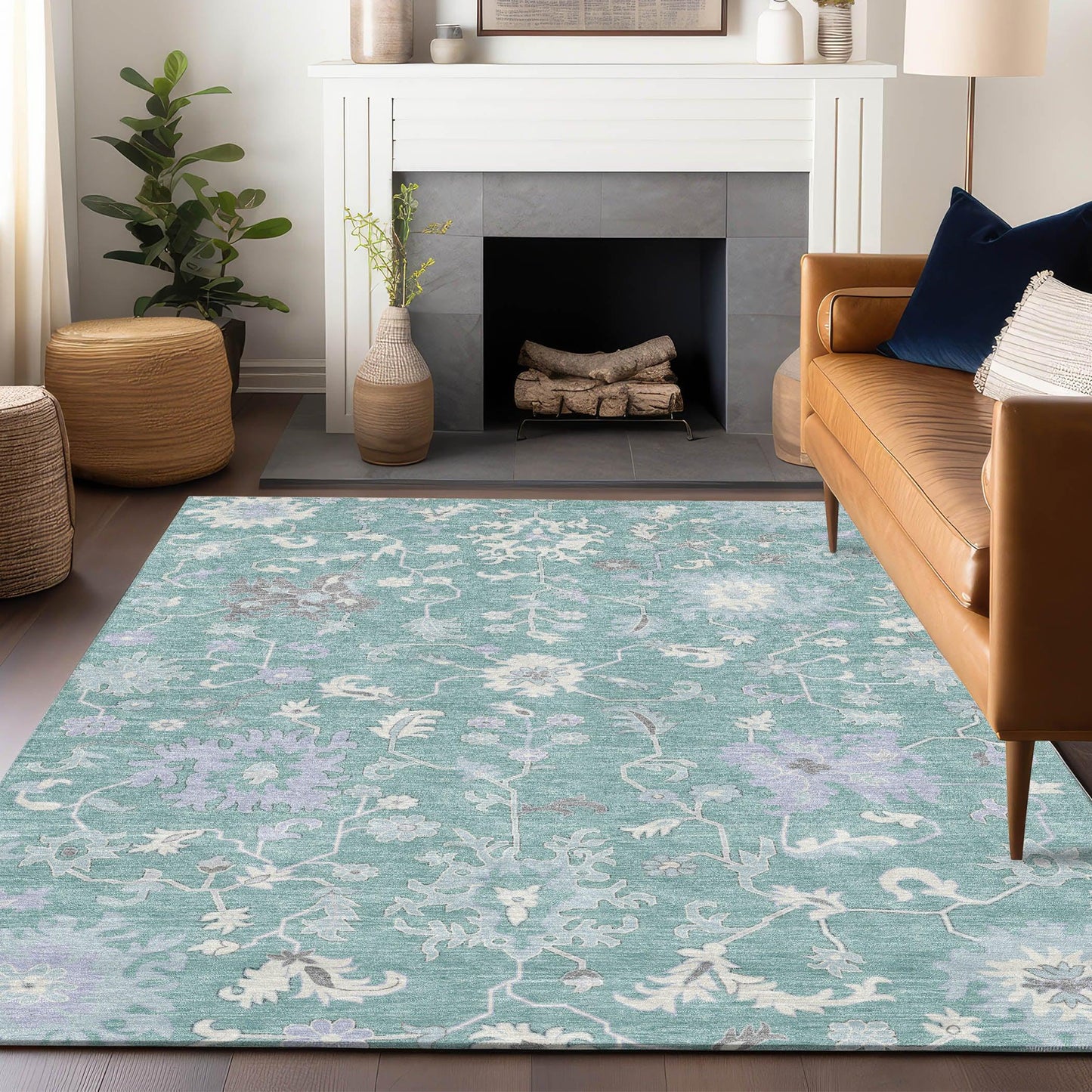 Taelius Blue Washable Indoor-Outdoor Rug