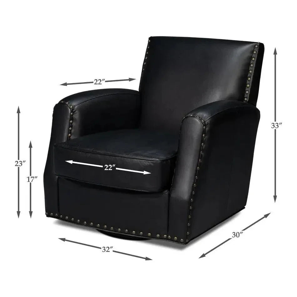 Taft Wood and Leather Black Swivel Arm Chair - LOOMLAN - Sarreid - Club Chairs