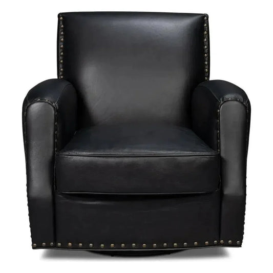 Taft Wood and Leather Black Swivel Arm Chair - LOOMLAN - Sarreid - Club Chairs