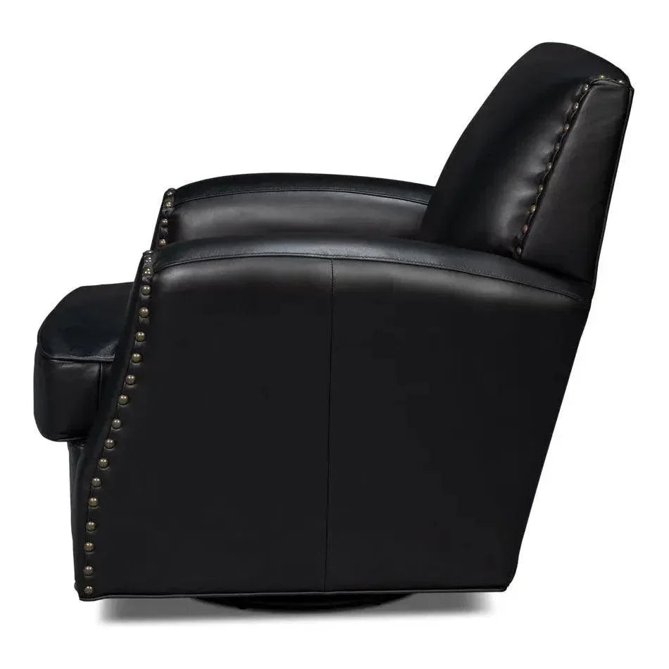 Taft Wood and Leather Black Swivel Arm Chair - LOOMLAN - Sarreid - Club Chairs