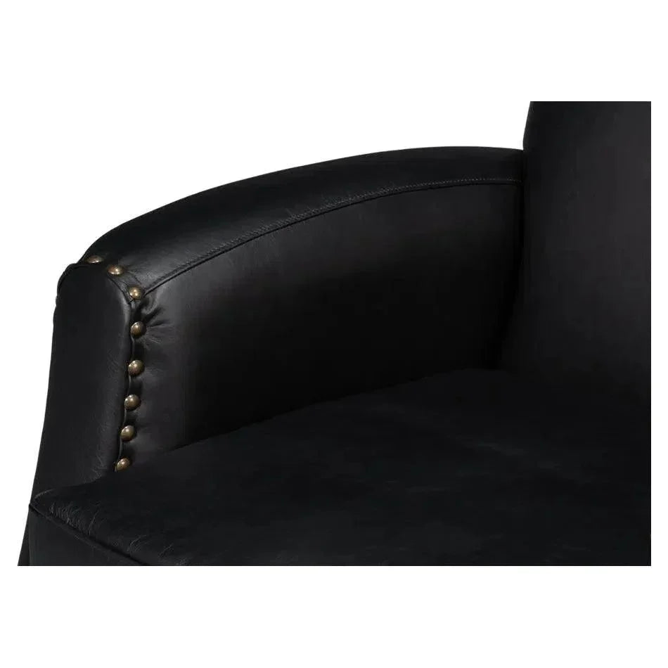 Taft Wood and Leather Black Swivel Arm Chair - LOOMLAN - Sarreid - Club Chairs