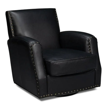 Taft Wood and Leather Black Swivel Arm Chair - LOOMLAN - Sarreid - Club Chairs